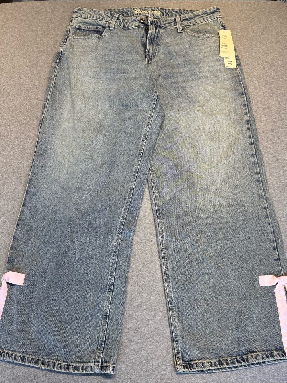 No Boundaries Light Blue Wide-Leg Jeans with Pink Ribbon Detail